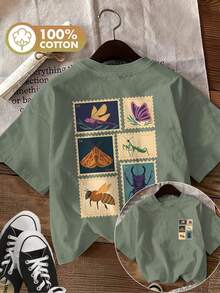 Spring/Summer Fashion[Double-Sided Print]Women's Pure Cotton T-Shirt, Vintage Style, Stamp, Insect, Dragonfly, Butterfly, Bee Print, Casual, Round Neck, Short Sleeve, Spring/Summer Top. Plus-Size Friendly, Cute Top, Y2K Retro Style, Oversized Fit. Soft And Gentle On The Skin, - 綠色 - 查看 1
