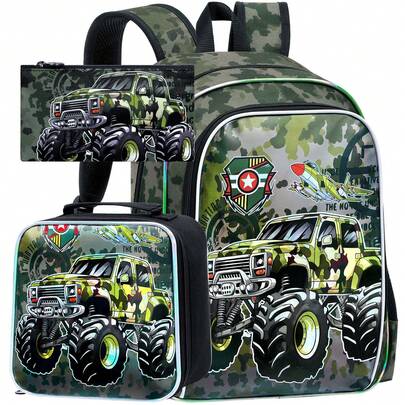 3件套男童酷炫迷彩卡车印花耐用帆布背包套装，含保温午餐袋和铅笔袋，拉链封口，战术卡通风格书包套装，适合日常上学和周末旅行