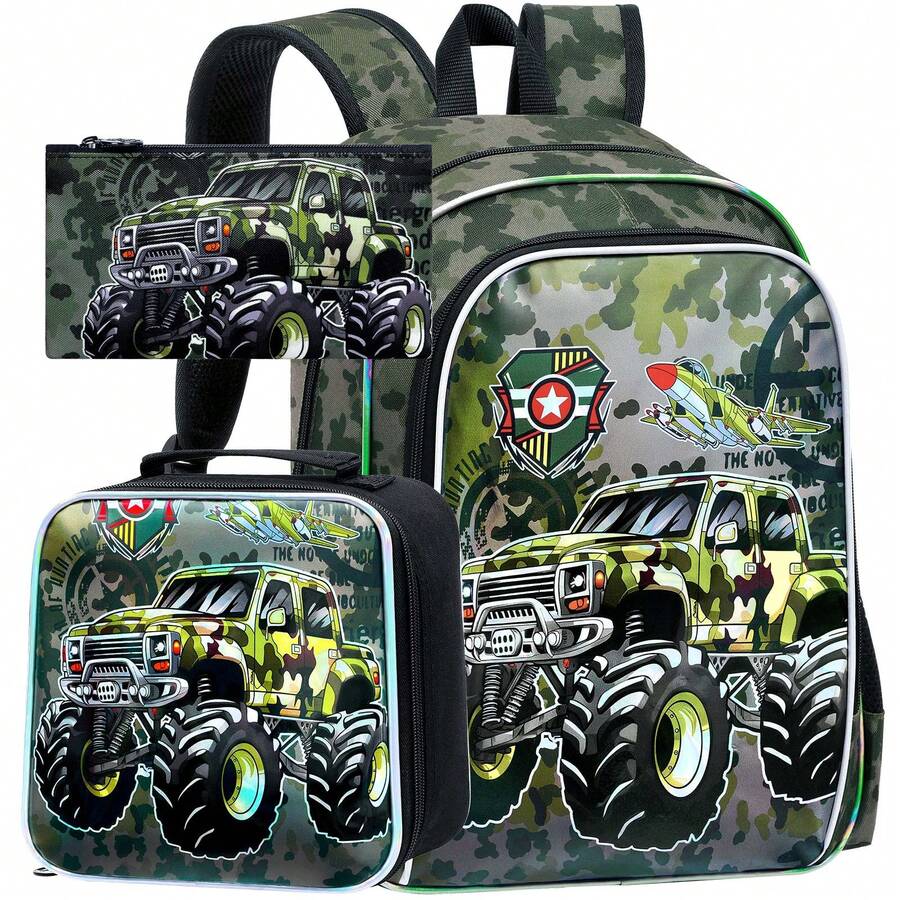3件套男童酷炫迷彩卡车印花耐用帆布背包套装，含保温午餐袋和铅笔袋，拉链封口，战术卡通风格书包套装，适合日常上学和周末旅行 - 軍綠色 - 查看 1