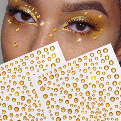 2 miếng dán mặt đính đá lấp lấp lánh màu vàng, nhiều kích cỡ, hình tròn 3D, đính đá quý kim cương lấp lánh, dùng trang trí mắt cho các bữa tiệc, lễ hội âm nhạc.