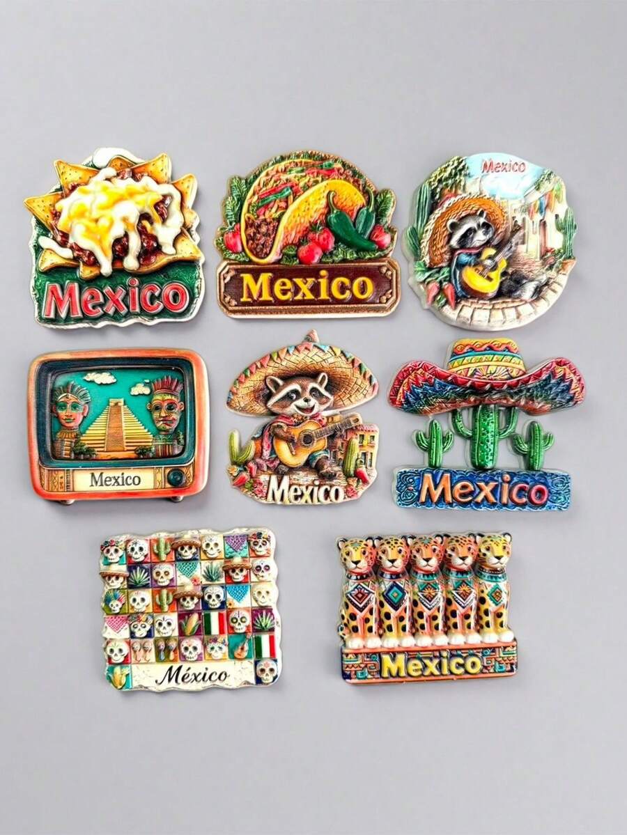 1 pezzo Calamita da frigo souvenir di viaggio in Messico, riproduzione di elementi classici in pittura 3D, come patatine di mais, cibo messicano taco, piramide maya, teschio della cultura, sombrero e procione che suona la chitarra, simboli iconici, colori vivaci e texture fine, decorazione per frigorifero domestico, regalo commemorativo di viaggio per amici e colleghi, adatto per collezione e decorazione quotidiana, combinando estetica e significato commemorativo