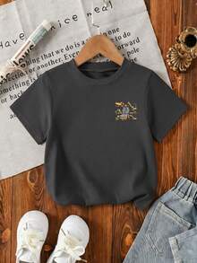 Young Boy Excavator Print T-Shirt, Soft And Comfortable Fabric, Suitable For Boys Outdoor Sports, Casual Wear, Street Style, Campus Style, Fashionable Boys Spring/Summer Casual Versatile Top - Dark Grey - View 6