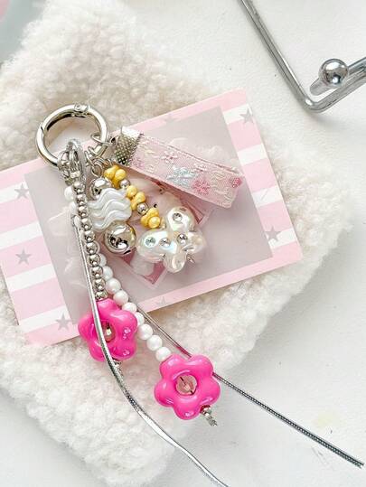 1 pieza Colgante de flor y lazo con cuentas de colores de dopamina, accesorio dulce para correa de teléfono