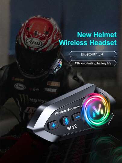 1pc Wireless Motorcycle Helmet Headphones With FM Radio, RGB Ambient Lighting, High-Definition Audio, Wireless 5.4, Dual Phone Connection, Long Battery Life, Type-C Charging, Auto Answer, Voice Assistant