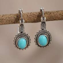 Round Mosaic Earrings, Paired With Minimalist Curved Blue Leaf Design, Niche Style, Ocean-Inspired Romantic Gift, Suitable For Daily Wear And Various Occasions, A Refined Surprise Gift For Women - Silver - View 1