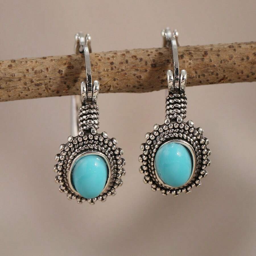 Round Mosaic Earrings, Paired With Minimalist Curved Blue Leaf Design, Niche Style, Ocean-Inspired Romantic Gift, Suitable For Daily Wear And Various Occasions, A Refined Surprise Gift For Women - Silver - View 1