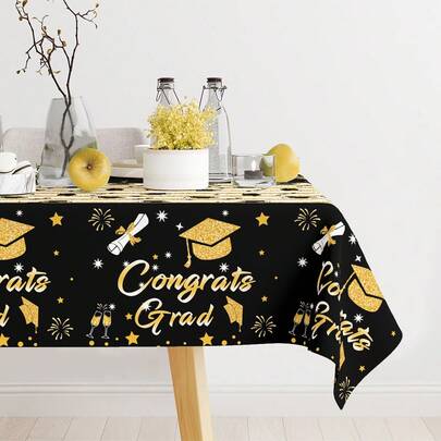 1件装白色/粉色/黑色金色毕业主题桌布，2026届毕业典礼装饰派对装饰，220厘米*130厘米白色/粉色/黑色金色塑料桌布一次性长方形，适用于家庭、学校、派对用品