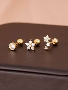 3件套不锈钢花朵星形锆石耳钉套装，18K镀金耳软骨及耳垂耳环，女士饰品 - 3件套 - 查看 7
