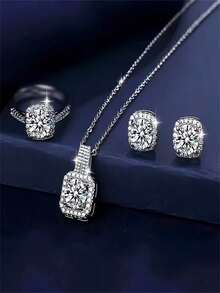 Bộ trang sức 3 món đính đá Cubic Zirconia hình vuông - Dây chuyền, nhẫn và bông tai - Mạ bạc, lý tưởng cho đám cưới và quà tặng. - Nhiều màu - Xem 6