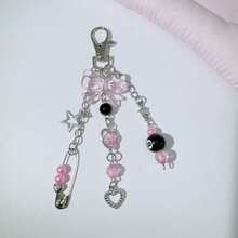 1个Y2K甜美酷炫粉黑蝴蝶结金属星星钥匙扣吊坠，少女风台球爱心挂饰，百搭包包配饰钥匙扣 - 彩色 - 查看 1