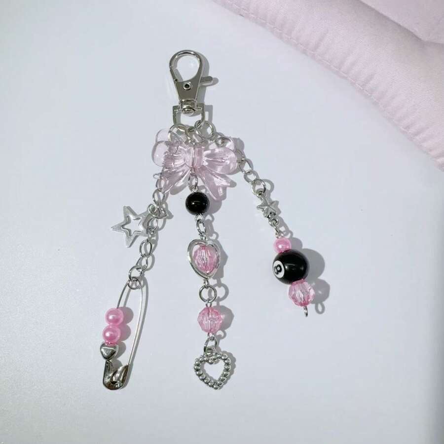 1个Y2K甜美酷炫粉黑蝴蝶结金属星星钥匙扣吊坠，少女风台球爱心挂饰，百搭包包配饰钥匙扣 - 彩色 - 查看 1