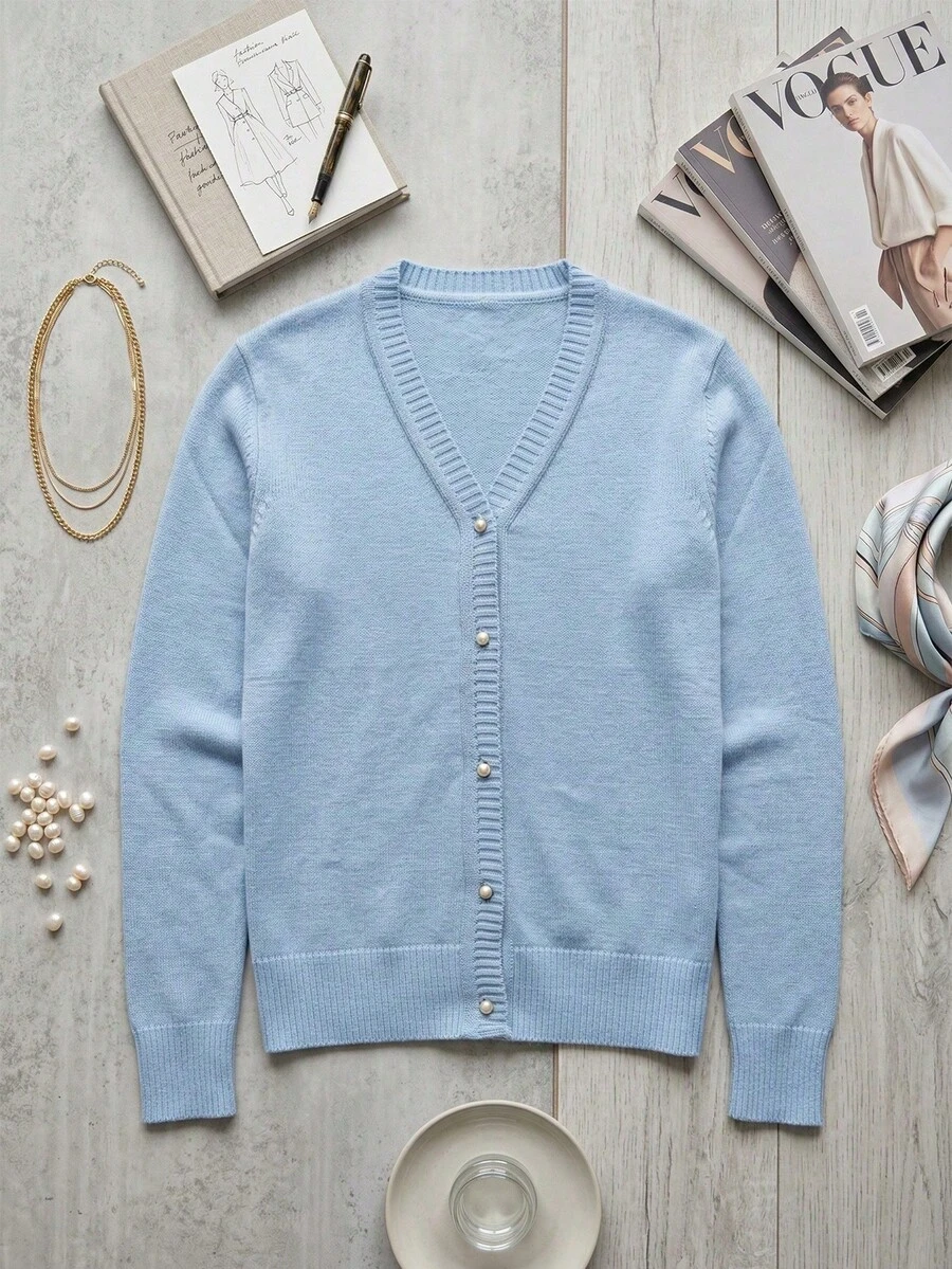 Women's Premium Knit Cardigan, Winter Coat, Pearl Buttons, V-Neck, Elegant - Celeste - Ver 1