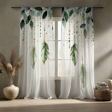 2 pièces Rideaux transparents et vaporeux élégants et luxueux style féerique avec plumes vertes et décoration dorée, design d'art moderne convenant pour la cuisine, le salon, la chambre, le balcon, parfait pour Halloween, Noël et autres décorations de fêtes, lavable en machine toutes saisons, décoration de maison, tissu léger et durable, rideaux créant une atmosphère de fête, essentiel pour la décoration intérieure, rideaux décoratifs transparents 2D - Multicolore - Voir 9