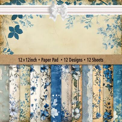 Bloc de papel para scrapbooking de primavera de 12x12 pulgadas, 12 hojas con 12 diseños vintage que incluyen patrones de relojes, impresiones de periódicos, motivos florales y elementos retro, ideal para scrapbooking, manualidades, elaboración de tarjetas, decoración de diarios y proyectos artísticos