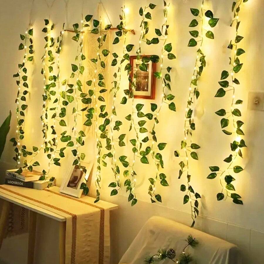 1入 2M 20LED 常春藤仿真綠葉藤蔓庭院裝飾LED燈串,室內臥室裝飾燈,活動派對裝飾道具燈,走廊牆面裝飾,庭院、花園、婚禮、節慶活動裝飾燈串 - 透明 - 查看 1