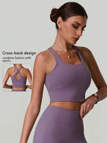 Áo bra thể thao nữ cổ tròn, dây chéo, không lưng, thoải mái, có đệm, kiểu áo croptop, thích hợp cho chạy bộ, tập luyện thể thao. - Màu tím - Xem 2