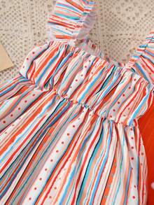 Set de 3 piezas de vestidos para niñas con estampado floral + estampado a rayas + cuello cuadrado y puño acanalado de unicolor, adecuado para uso casual, al aire libre, vacaciones en la playa, ropa de verano para niñas - Multicolor - Ver 9