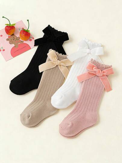 4 Pairs Kids Cute Long Tail Bow Decor Bubble Gum Mid-Calf Socks, Versatile Girls Socks For Spring, Autumn & All Seasons, Match Various Outfits