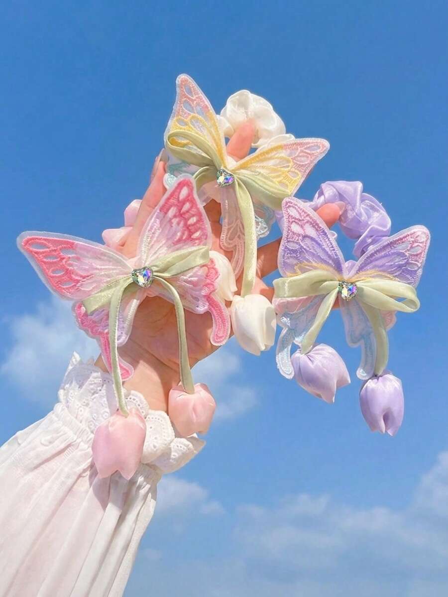 1 pièce Élastique à cheveux tulipe, jolis chouchous pour queue de cheval, papillon fairycore pour filles étudiantes, rentrée scolaire, vie de campus, vacances, accessoire de cheveux fairy girl - Multicolore - Voir 1