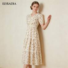 夏季海滩度假装，优雅女士派对碎花连衣裙，精致风格中长连衣裙 - 杏色 - 查看 3