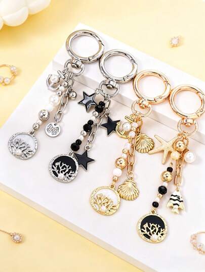 1pc Star & Starfish Keychain, Tree Of Life Round Keyring, Girl Bag Charm