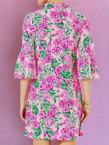 Women Floral Pattern 3/4 Sleeve Midi Dress Spring Vacation Elegant - 彩色 - 查看 3
