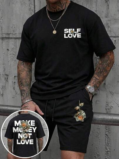  Bộ đồ nam mùa hè FRACTYR phong cách đường phố thường ngày, in logo Dollar & Rose, gồm áo thun cổ tròn tay ngắn dáng rộng và quần short cạp chun, chất liệu mềm mại và thoải mái, mang đậm phong cách đường phố Mỹ.