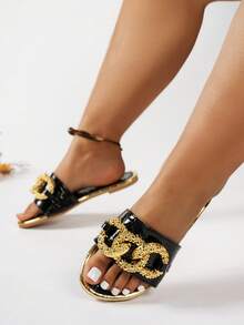 Women's Summer Round Toe Fashion Gold Chain Flats, Comfortable Casual Open Toe Sandals Suitable For Outdoor, Beach, Party,Wide Fit - Black - View 4