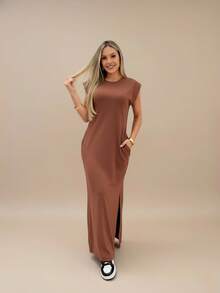 Ribbed Women's Long Dress, Musclete Style, Ribbed Sleeves, Muscle Fashion, Black/Brown, With Side Slit And Functional Pockets, Straight Cut And Great Fit. - 鏽棕色 - 查看 2