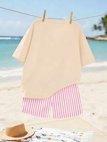 2pcs/Set Teen Girls Dachshund Print T-Shirt And Striped Shorts Outfit, Soft Comfortable Cute Summer Wear - Apricot - View 3