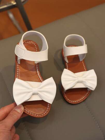 1 Pair Girls' Floral Bow Decor PU Sandals, Soft Sole Non-Slip Wear-Resistant Open Toe Design, Flat Low Heel, Sweet Fresh Style, Children's Sandals For Daily Wear, Outdoor Play, Beach Vacation, Breathable & Comfortable, No Foot Chafing In Summer