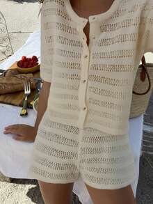 Bộ đồ dệt kim 2 mảnh thanh lịch dành cho nữ, gồm quần short tay ngắn cho mùa xuân/thu và áo khoác cardigan cổ tròn cho mùa thu/đông, trang phục đa năng cho kỳ nghỉ, bãi biển và mùa hè. - Màu be - Xem 3