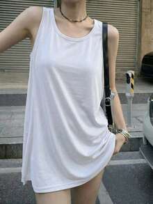 Women's Casual Loose Fit Cotton Sleeveless Tank Top, Korean Style Minimalist White Vest For Summer, Breathable Slim Fit Undershirt - White - View 3