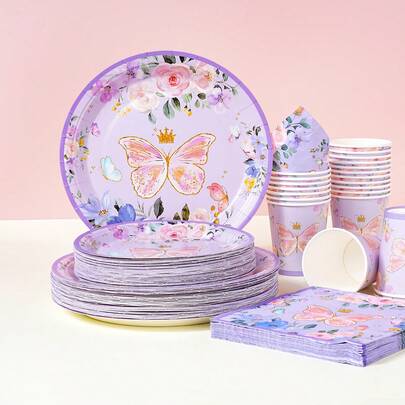 Bộ đồ dùng ăn uống dùng một lần hình vương miện bướm tím, đĩa tiệc 7/9 inch, đĩa giấy, cốc, khăn ăn dùng một lần, thích hợp cho các dịp lễ, đám cưới, lễ đính hôn, sinh nhật, tiệc tùng, lễ kỷ niệm.