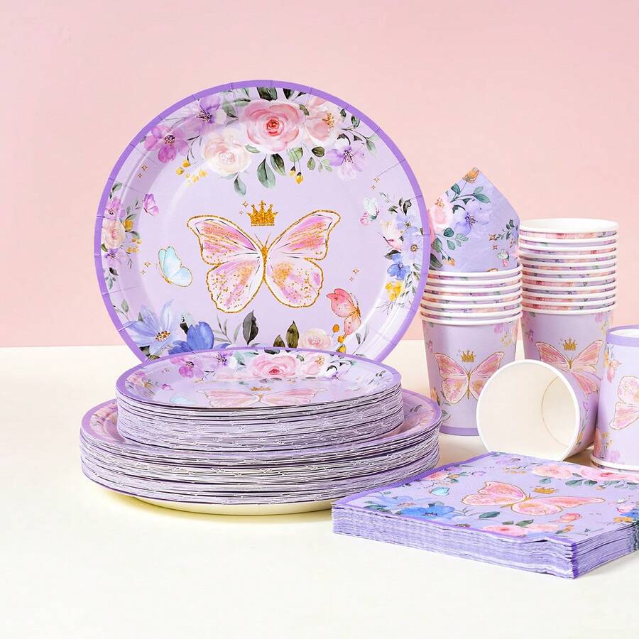 Bộ đồ dùng ăn uống dùng một lần hình vương miện bướm tím, đĩa tiệc 7/9 inch, đĩa giấy, cốc, khăn ăn dùng một lần, thích hợp cho các dịp lễ, đám cưới, lễ đính hôn, sinh nhật, tiệc tùng, lễ kỷ niệm. - Nhiều màu - Xem 1