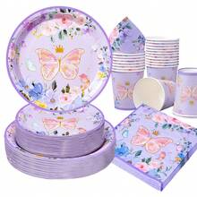 Bộ đồ dùng ăn uống dùng một lần hình vương miện bướm tím, đĩa tiệc 7/9 inch, đĩa giấy, cốc, khăn ăn dùng một lần, thích hợp cho các dịp lễ, đám cưới, lễ đính hôn, sinh nhật, tiệc tùng, lễ kỷ niệm. - Nhiều màu - Xem 5