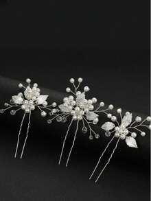 3件套精美手工合金叶子珍珠新娘发夹，适合婚礼佩戴 - 銀色 - 查看 3