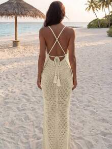 Apperloth A Áo khoác ngoài dệt kim xuyên thấu không tay cổ tròn ôm sát kiểu Y2K, trang phục đi biển mùa hè (Nữ) - Màu be - Xem 4