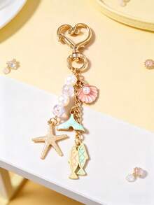 1pc Beaded Whale & Seashell Keychain, Starfish Keyring, Girl Bag Charm - Multicolor - View 7