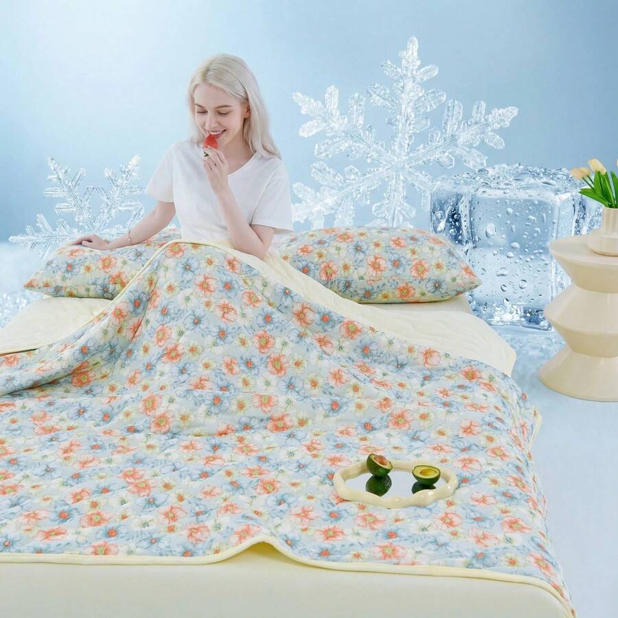 1pc Cooling Blanket, Modern Floral & Botanical Pattern Quilted Throw, Lightweight Breathable Fabric, Designed For Heat-Sensitive, Suitable For Home, Travel, All Seasons - Mint Green - View 1