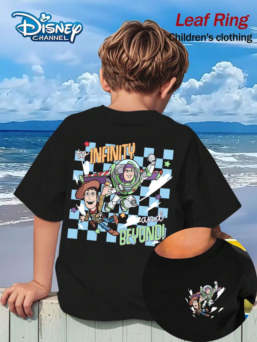 Disney Buzz Lightyear Flying T-Shirt With Checkerboard Background And Flying Style, Featuring Classic Lines - To Infinity And Beyond Print Pattern Summer Tops,Short-Sleeved Casual And Cute Style Children's Clothing Design, Boy Clothes For Kids ,Ropa Para Niños,Boy Clothes For Kids,Graphic Tee, Summer Clothes,Perfect For Cool Boy. Comfortable And Breathable Children's Short-Sleeved T-Shirt. Comfortable And Casual Wear All Year Round 180g Pure Cotton Children's Clothes,Comfortable & Lightweight, Iconic Print For Mix-And-Match Outfits,Suitable For Both Boys And Girls. - màu đen - Xem 1