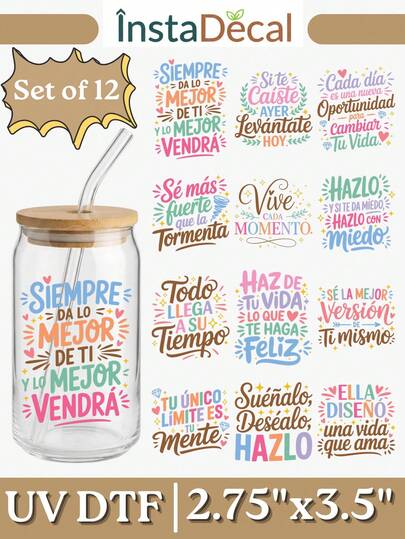 12pcs Spanish Inspirational Quotes UV DTF Transfer Stickers (2.75x3.5in), Motivational Positive Affirmations Decals For Coffee Mugs, Ceramic Cups, Laptops, Cups, DIY Journaling Gifts