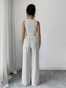 Women's Fashionable Solid Color Textured 2-Piece Set, Including Sleeveless Crew Neck Button Fitted Tank Top And High Waist Loose Straight Leg Pants, Elegant Commuter Style - màu nâu - Xem 10