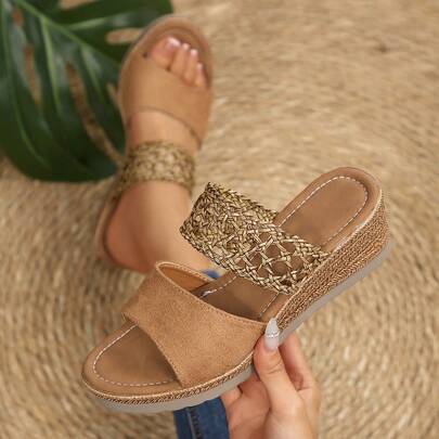 2026 Women's New Black Woven Decor Wedge Sandals, Vacation Style Summer Strap Open Toe Thick Bottom Sandals Suitable For Dates, Shopping, Commuting, Beach