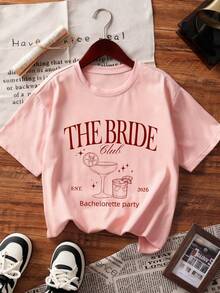 Buzzelle 1件女款夏季圓領短袖T恤，Bride Tribe圖案印花粉色休閒款 - 粉色 - 查看 5