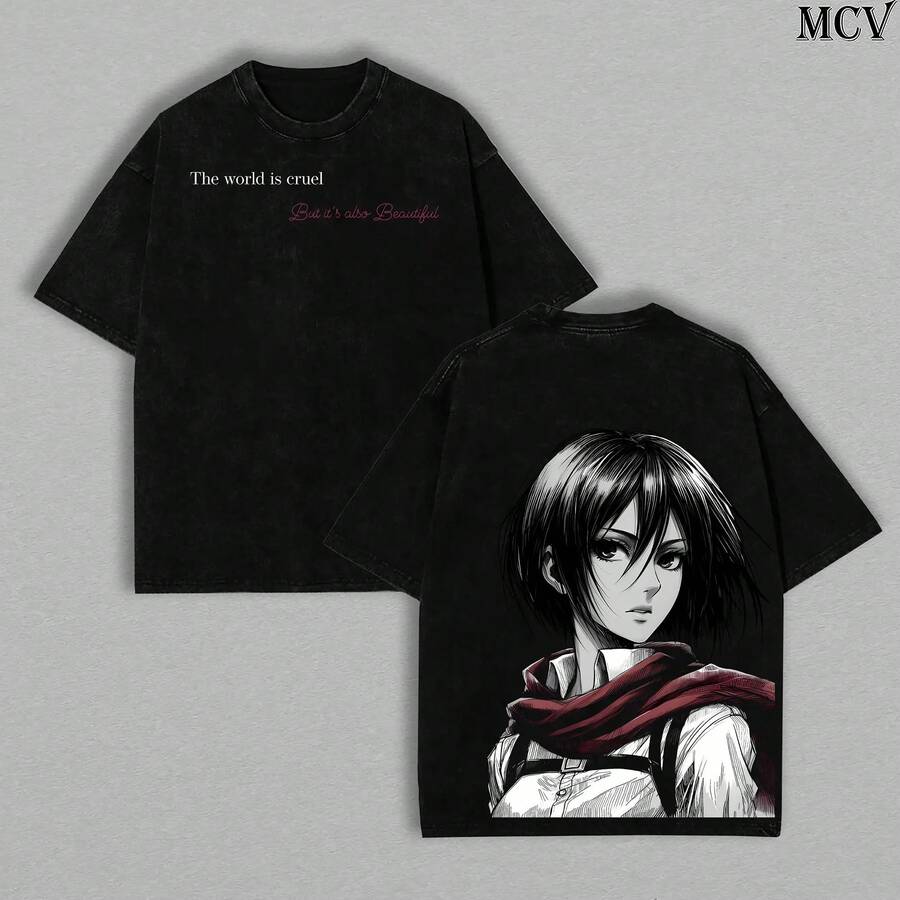 Ackerman, Attack On Titan-Shirt, Double Printed Vintage Washed Tee, Oversized Unisex Fit, Heavyweight Cotton Shirt, Anime Manga Graphic Streetwear - 黑色 - 查看 1