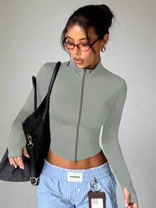 Women's Solid Color Stand Collar Zipper Long Sleeve Thumb Hole Minimalist Fashion Sports Jacket Spring - Grey - View 6