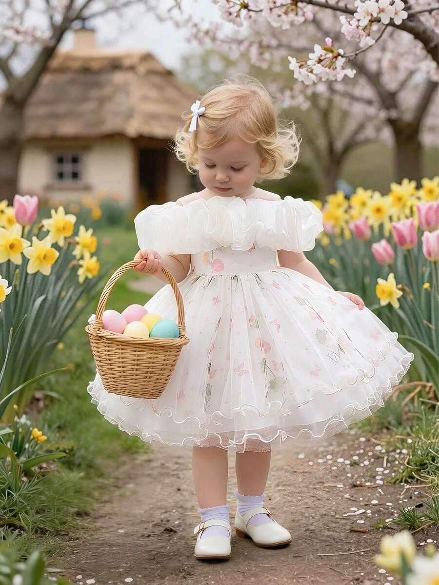 Váy cưới hoa không tay in hoa lưới dễ thương cho bé gái, thích hợp cho tiệc sinh nhật lần thứ 1, đi chơi, không bao gồm băng đô - trắng - Xem 1