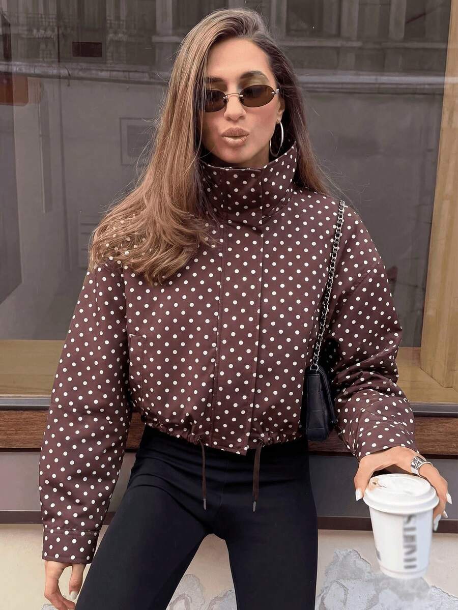 GDDYIN Chaqueta casual de mujer con cuello alto, cremallera y cordón, con estampado de lunares, nueva para primavera - Marrón - Ver 1