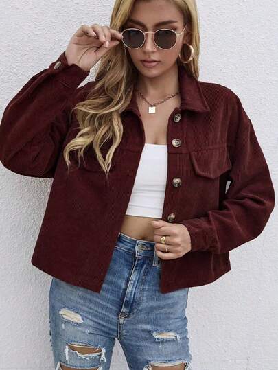 Áo sơ mi dài tay cài cúc phía trước bằng vải nhung kẻ mới dành cho nữ, màu nâu, mùa xuân.